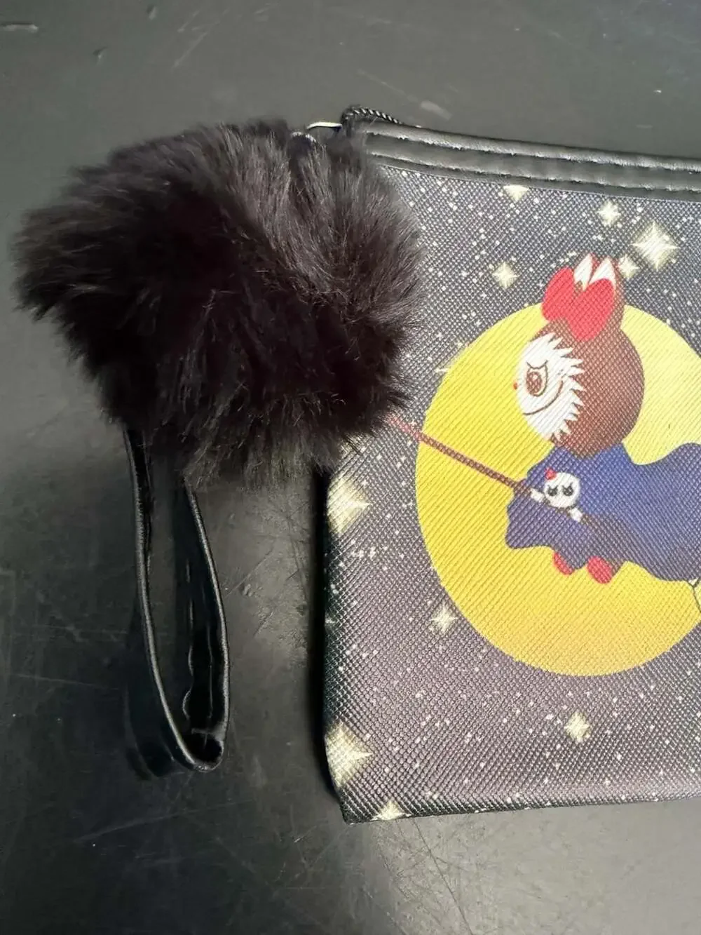 Chibi Witch Moon Zippered Pouch Wristlet with Black Pom Pom